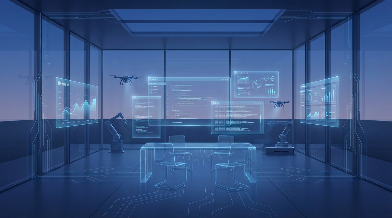 Futuristic empty office with holographic business dashboards and autonomous systems